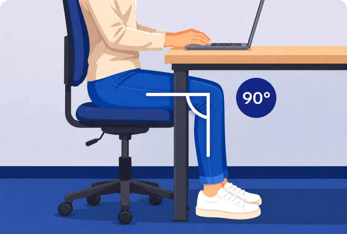 A person sitting in a chair and their knees are showing a range of motion of 90 degrees