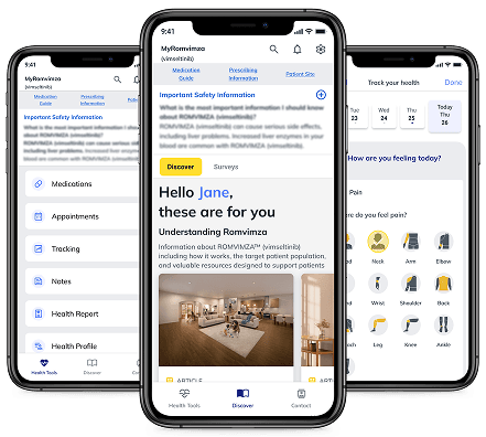 Screenshots of the MyRomvimza app on mobile devices